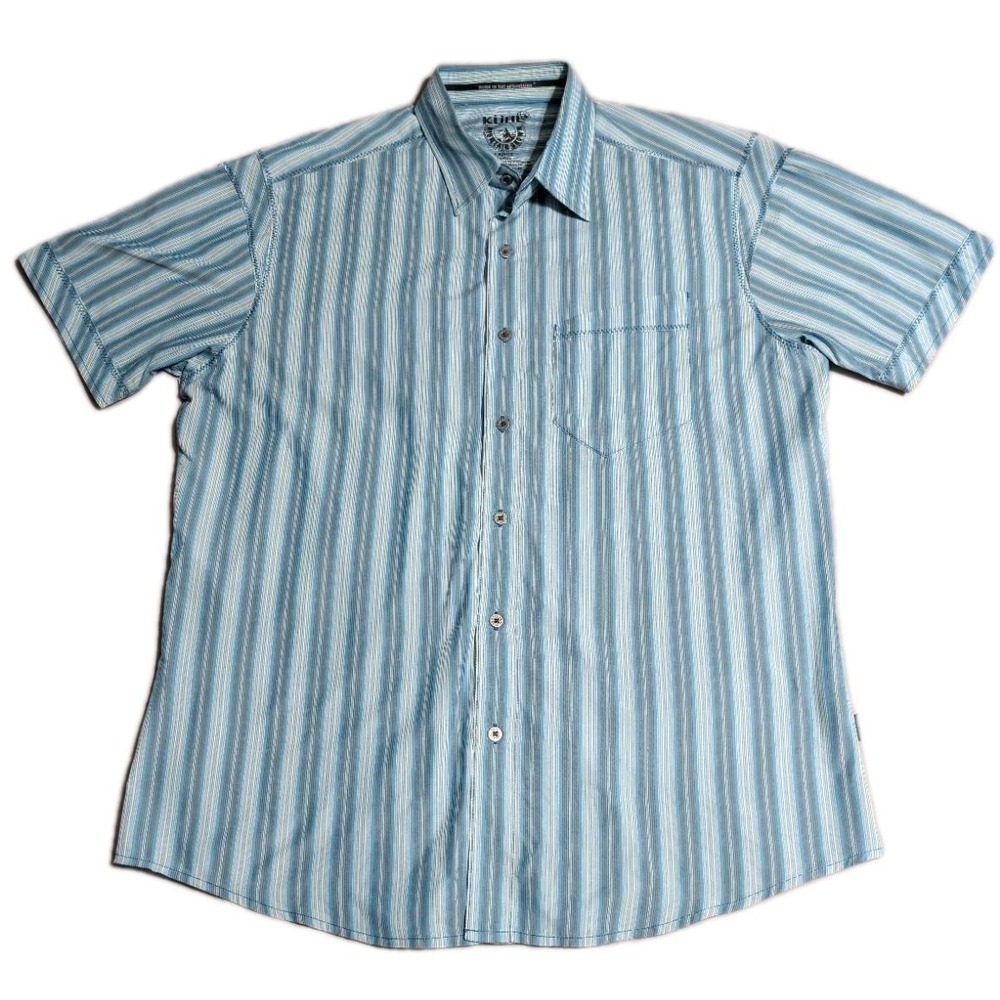 Kuhl Eluxur Shirt Mens Large Blue Stripe Short Sleeve Button Up Outdoor Hiking‎